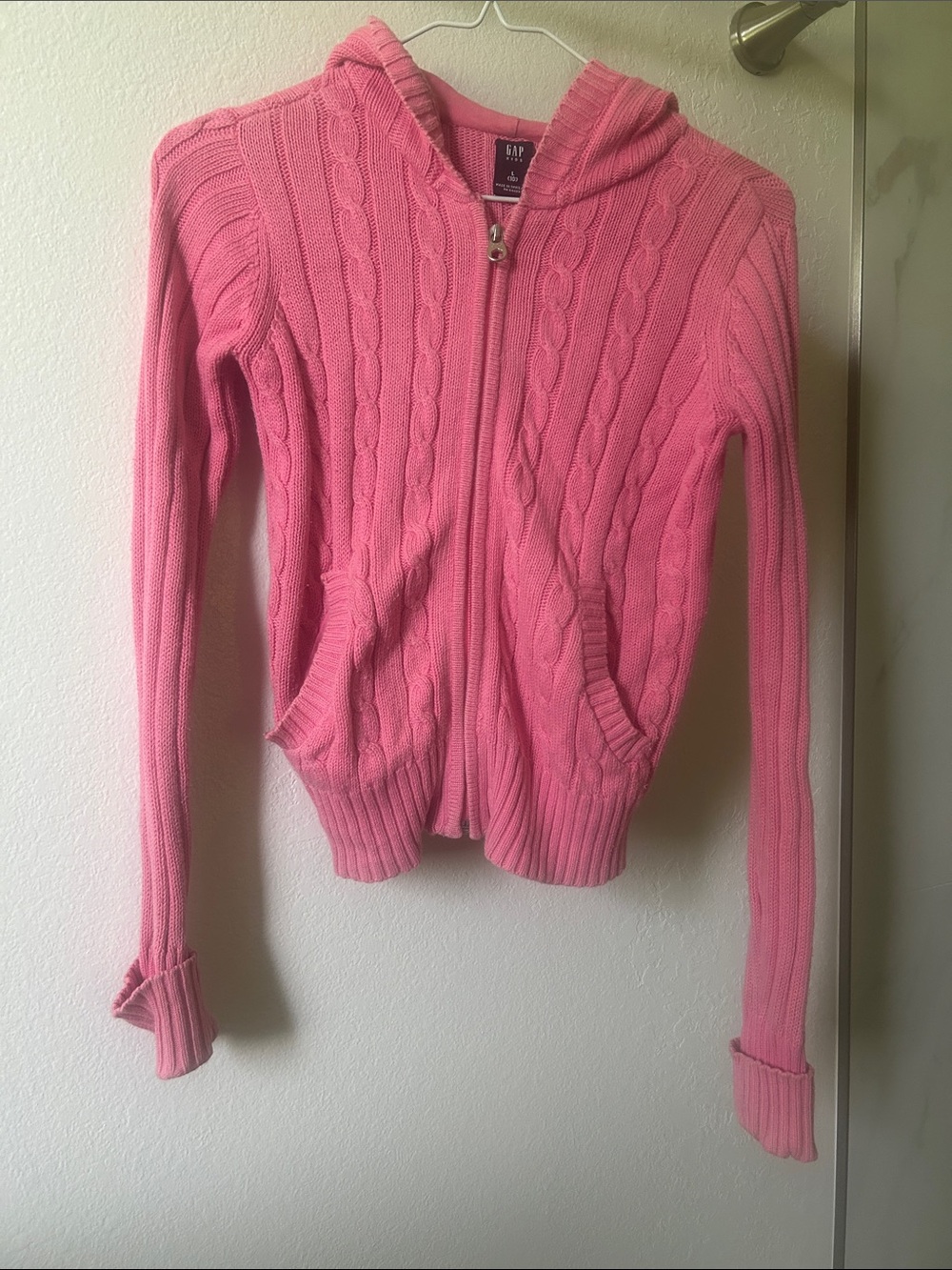 Vintage GAP Pink Cable Knit Zip-Up Hooded Sweater